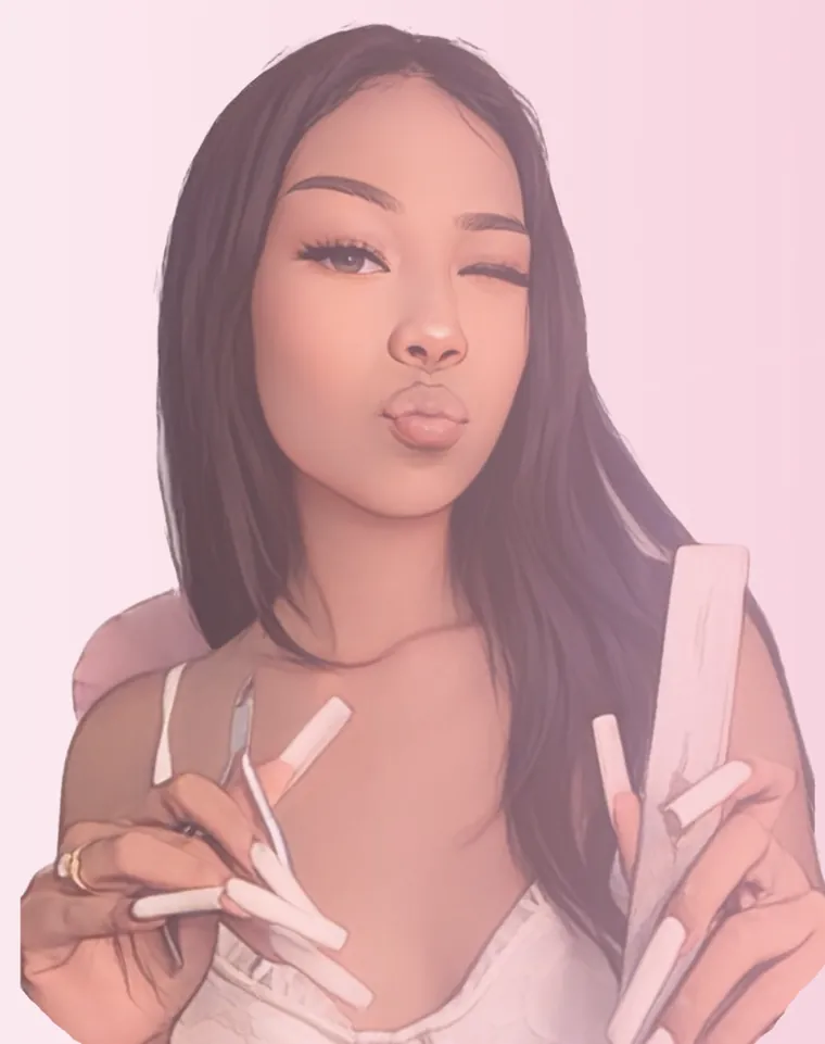 Illustration of Emma winking and holding a nail file and long acrylic tips
